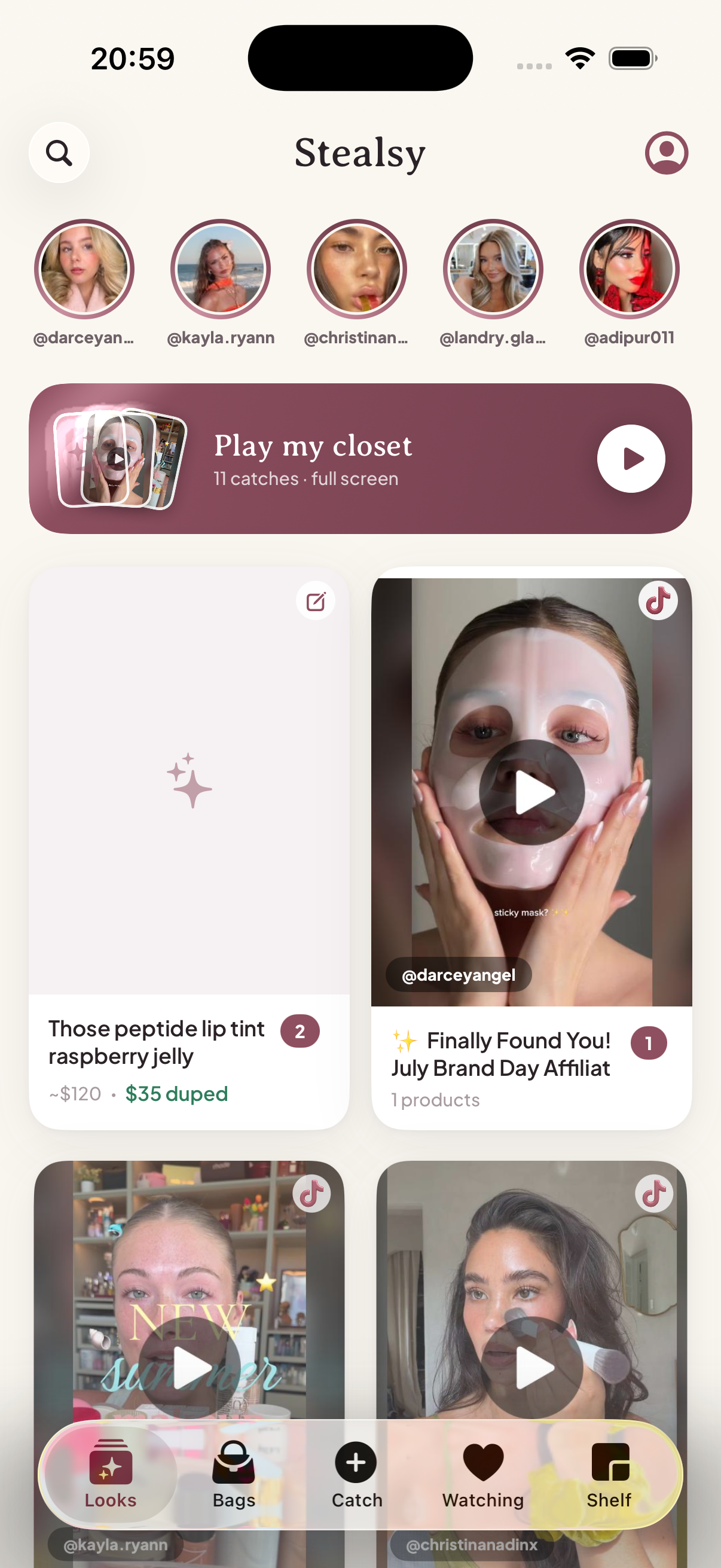 The Stealsy home screen: your caught looks